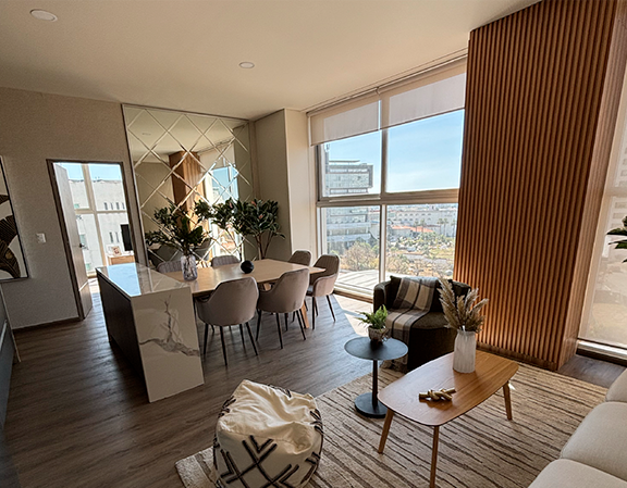 Vista del interior de un departamento en Selenite, moderno y elegante