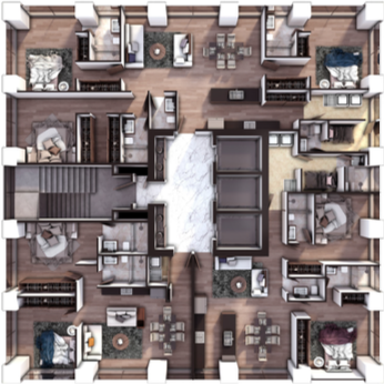 Vista en perspectiva de la planta baja en un departamento de Selenite